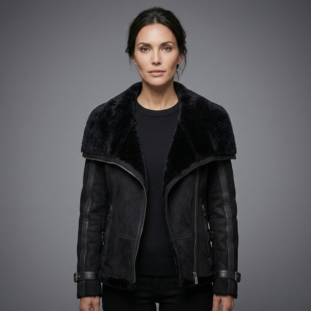 Black Suede Shearling Biker Jacket