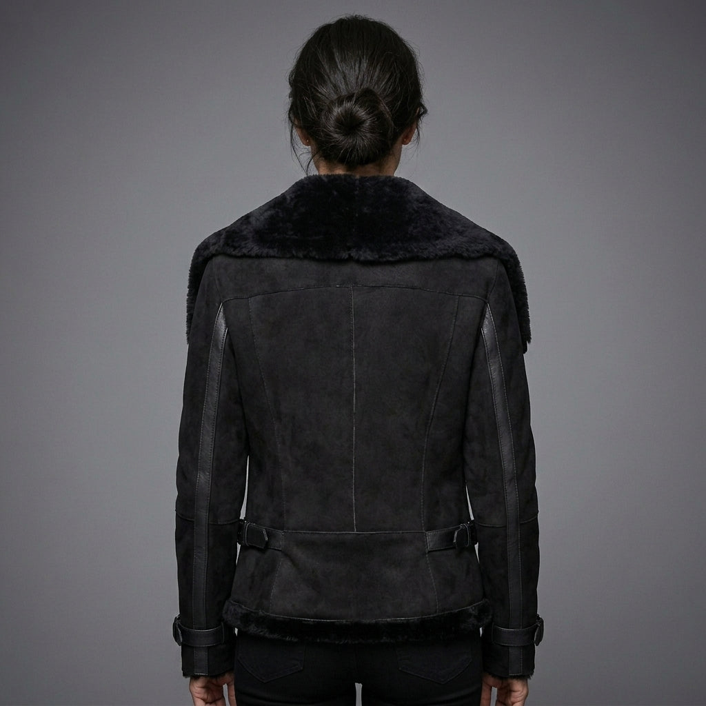 Black Suede Shearling Biker Jacket