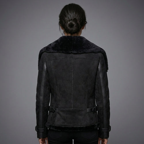 Black Suede Shearling Biker Jacket