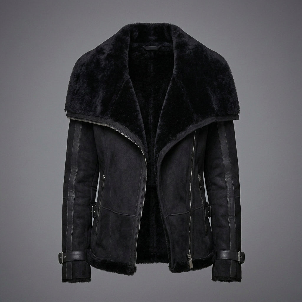 Black Suede Shearling Biker Jacket