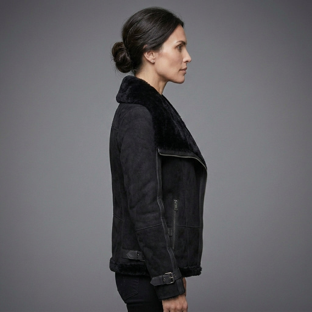 Black Suede Shearling Biker Jacket