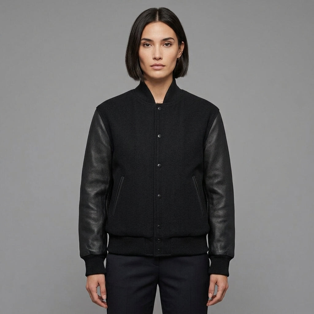 Women's All-Black Leather Varsity Jacket