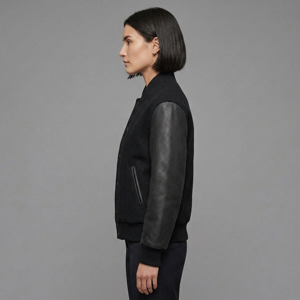 Women's All-Black Leather Varsity Jacket