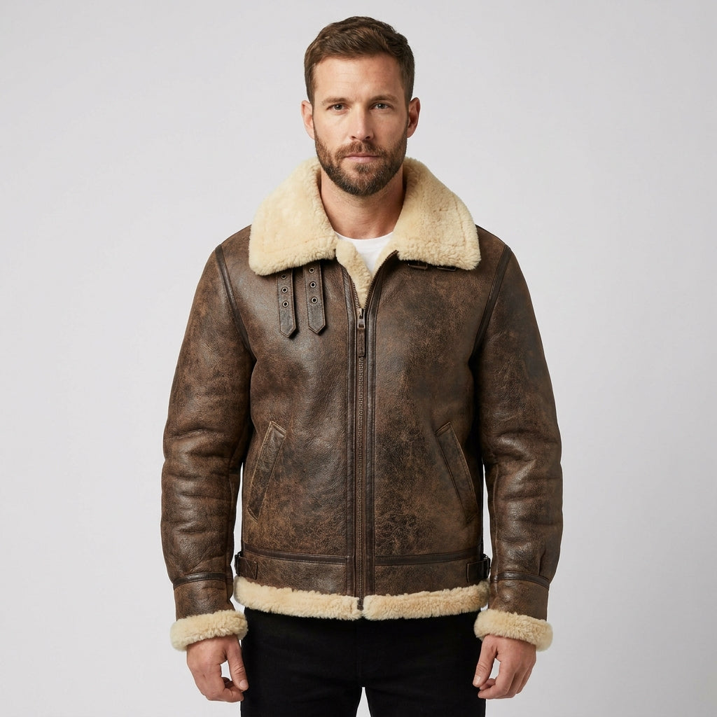 Men's Brown Distressed B3 Shearling Leather Bomber Jacket