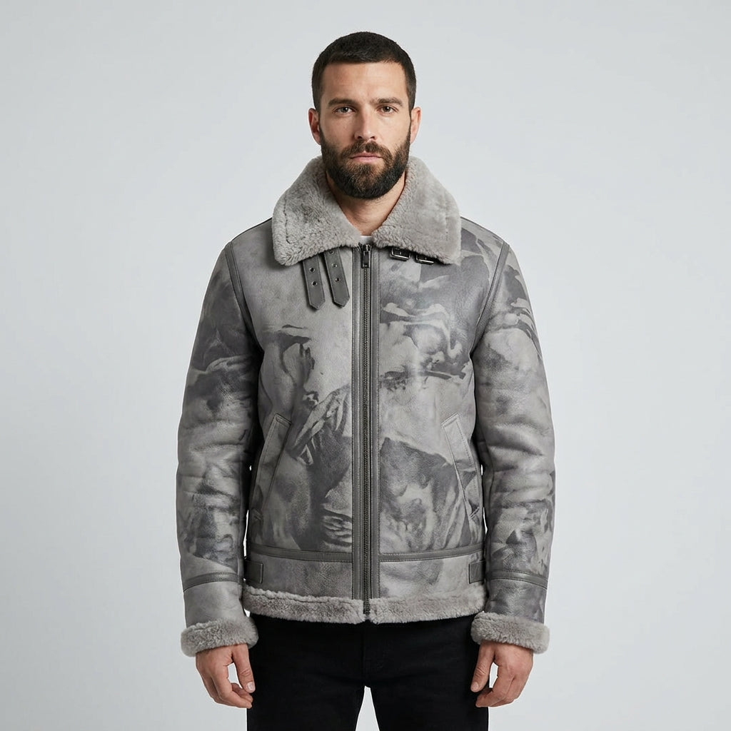 Men's Grey Camo B3 Shearling Leather Bomber Jacket