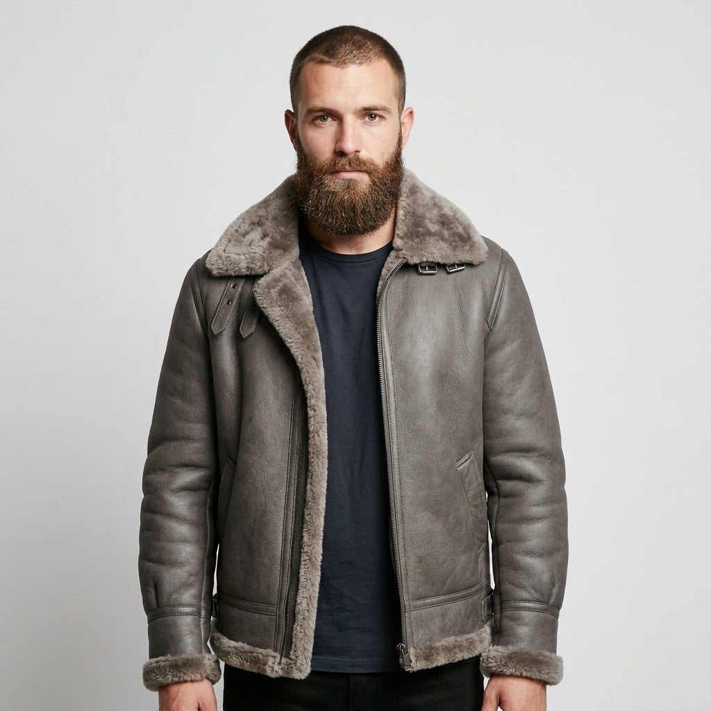 Men's Grey B3 Shearling Leather Bomber Jacket