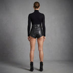 Women's High-Cut Leather Shorts with Belt & Gold Zip