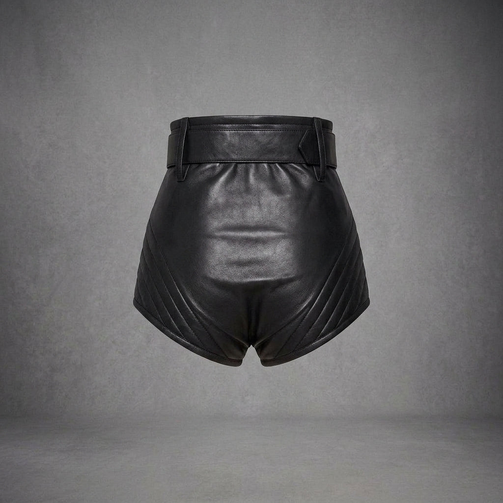 Women's High-Cut Leather Shorts with Belt & Gold Zip