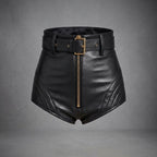Women's High-Cut Leather Shorts with Belt & Gold Zip