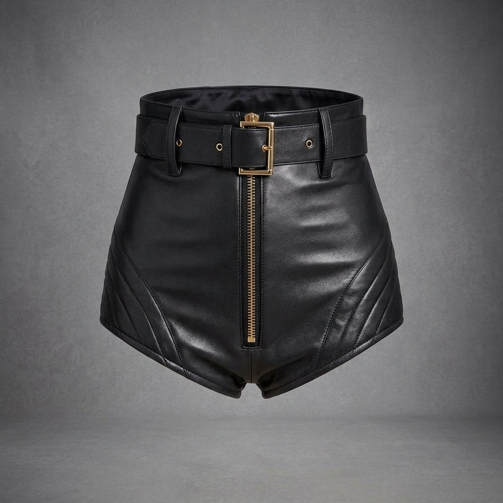 Women's High-Cut Leather Shorts with Belt & Gold Zip