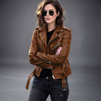 Women's Belted Leather Biker Jacket