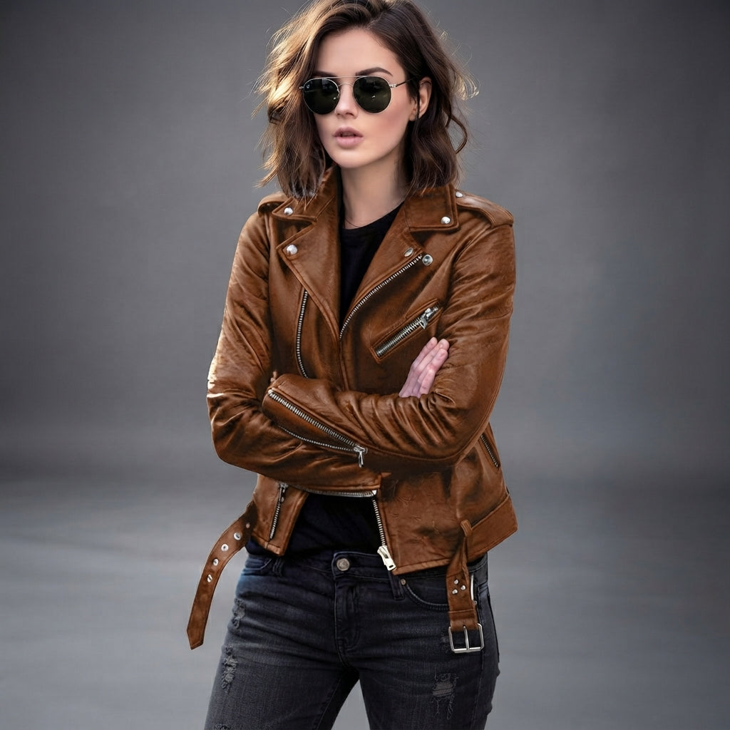 Women's Belted Leather Biker Jacket