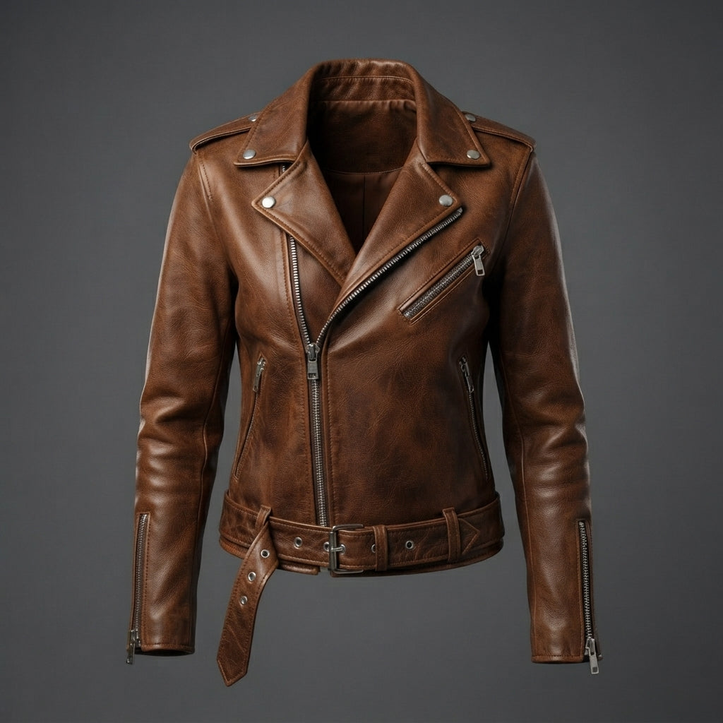 Women's Belted Leather Biker Jacket