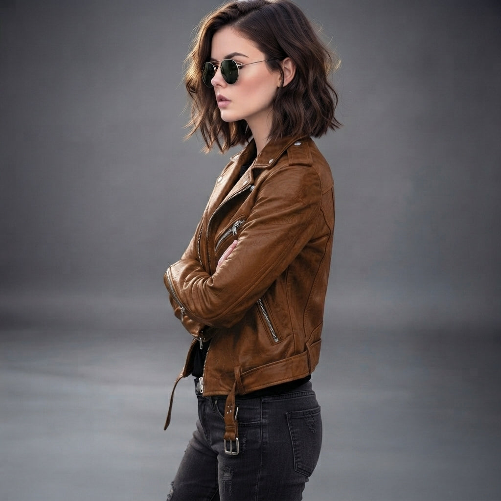 Women's Belted Leather Biker Jacket