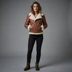 Women's Belted Brown Leather Jacket with Shearling Collar