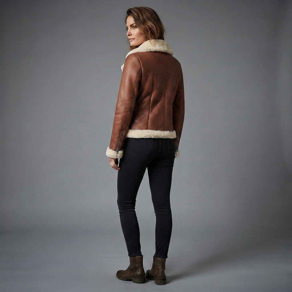 Women's Belted Brown Leather Jacket with Shearling Collar