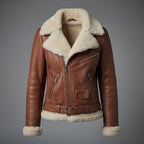 Women's Belted Brown Leather Jacket with Shearling Collar