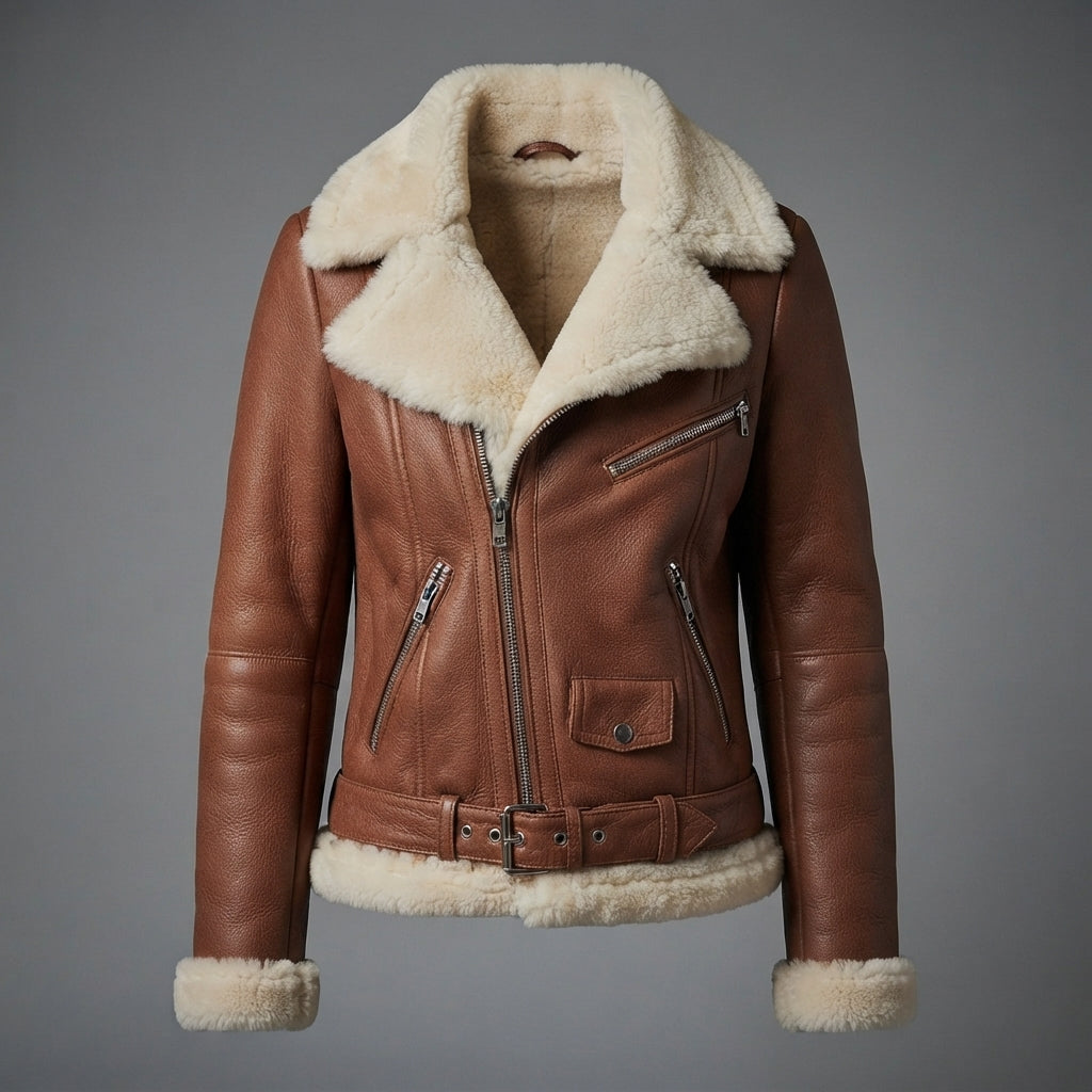Women's Belted Brown Leather Jacket with Shearling Collar