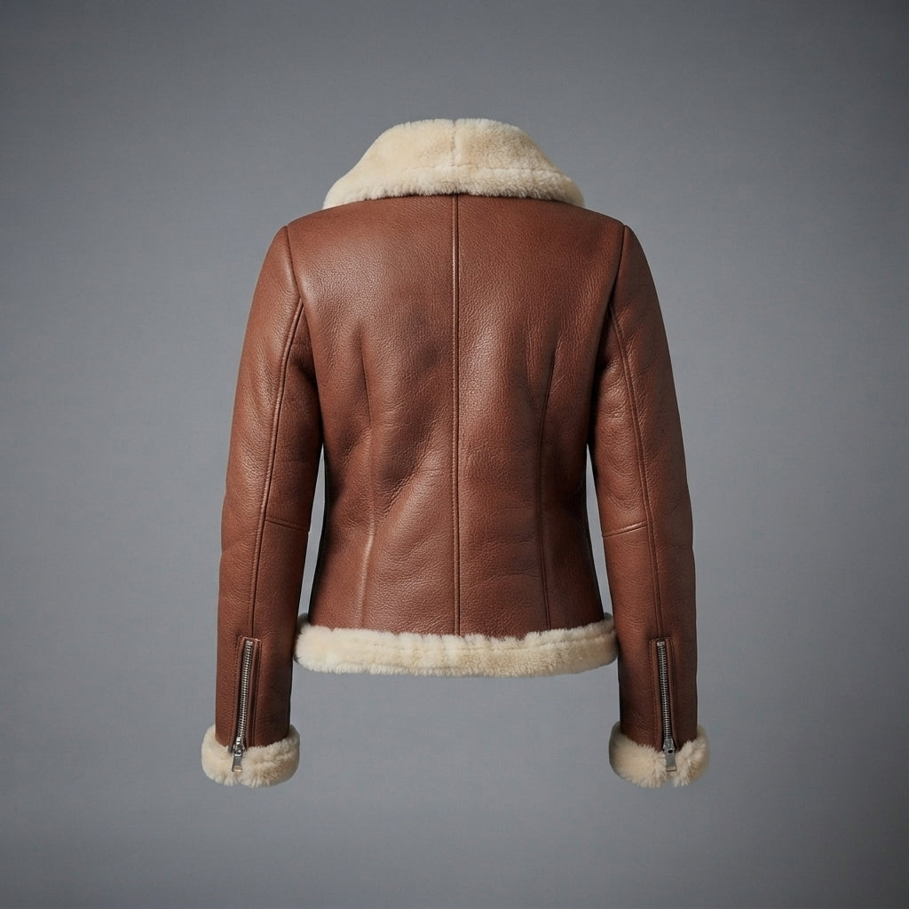 Women's Belted Brown Leather Jacket with Shearling Collar