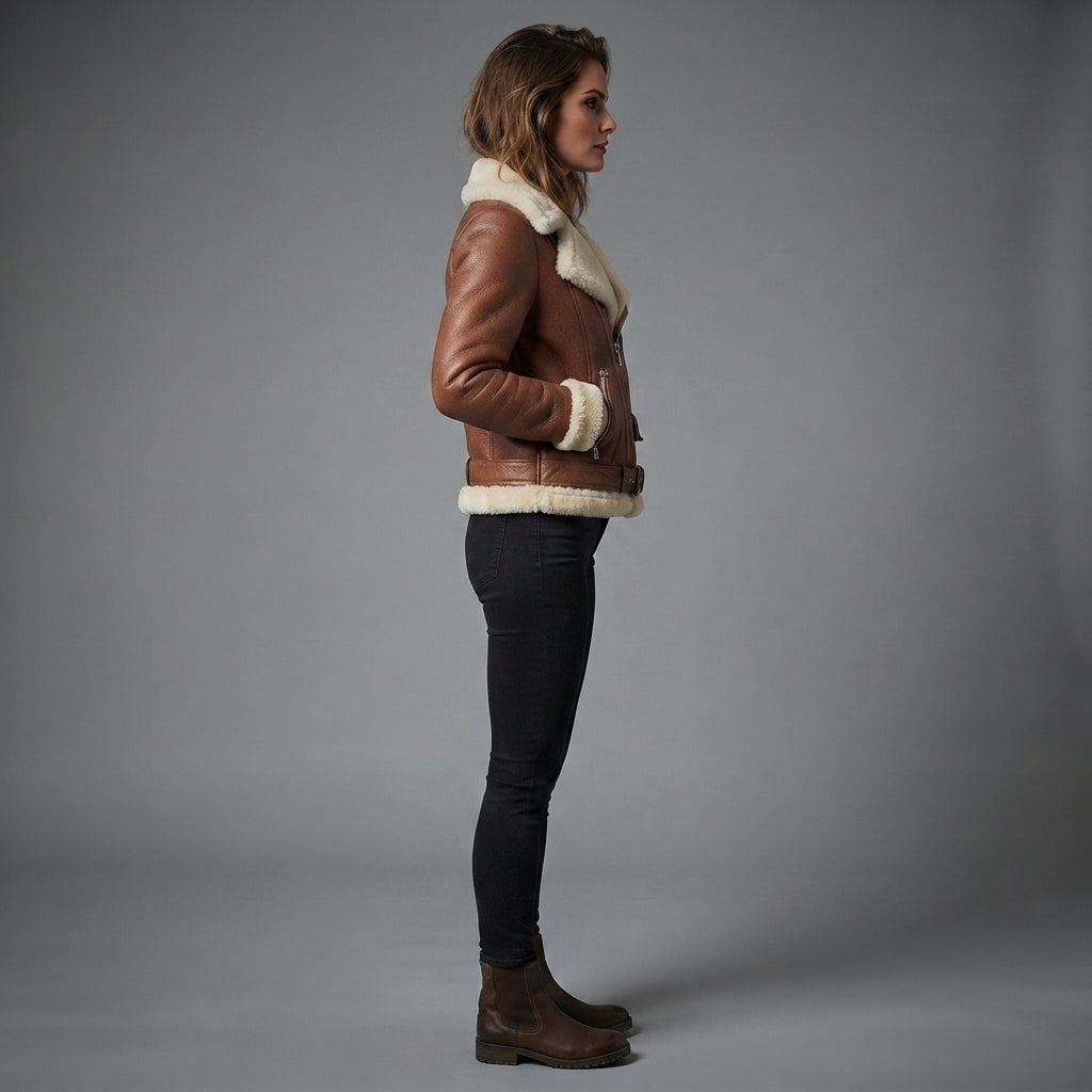 Women's Belted Brown Leather Jacket with Shearling Collar
