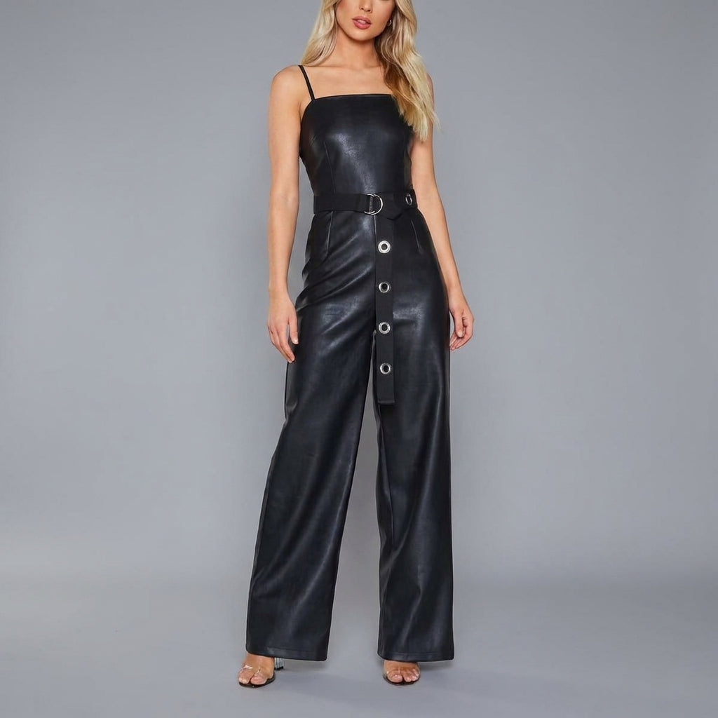 Black Belted Leather Romper for Women