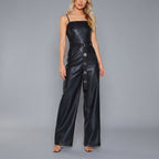 Black Belted Leather Romper for Women