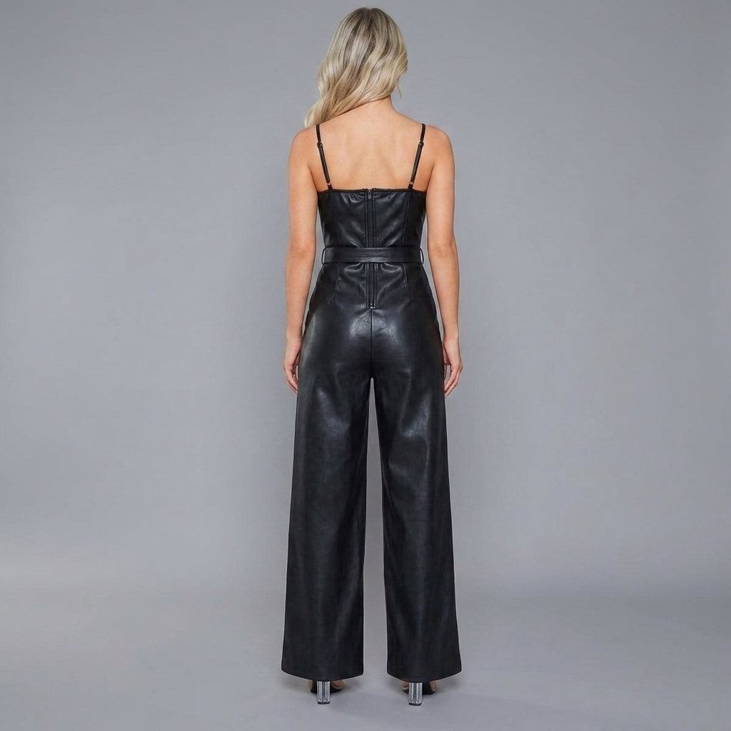 Black Belted Leather Romper for Women