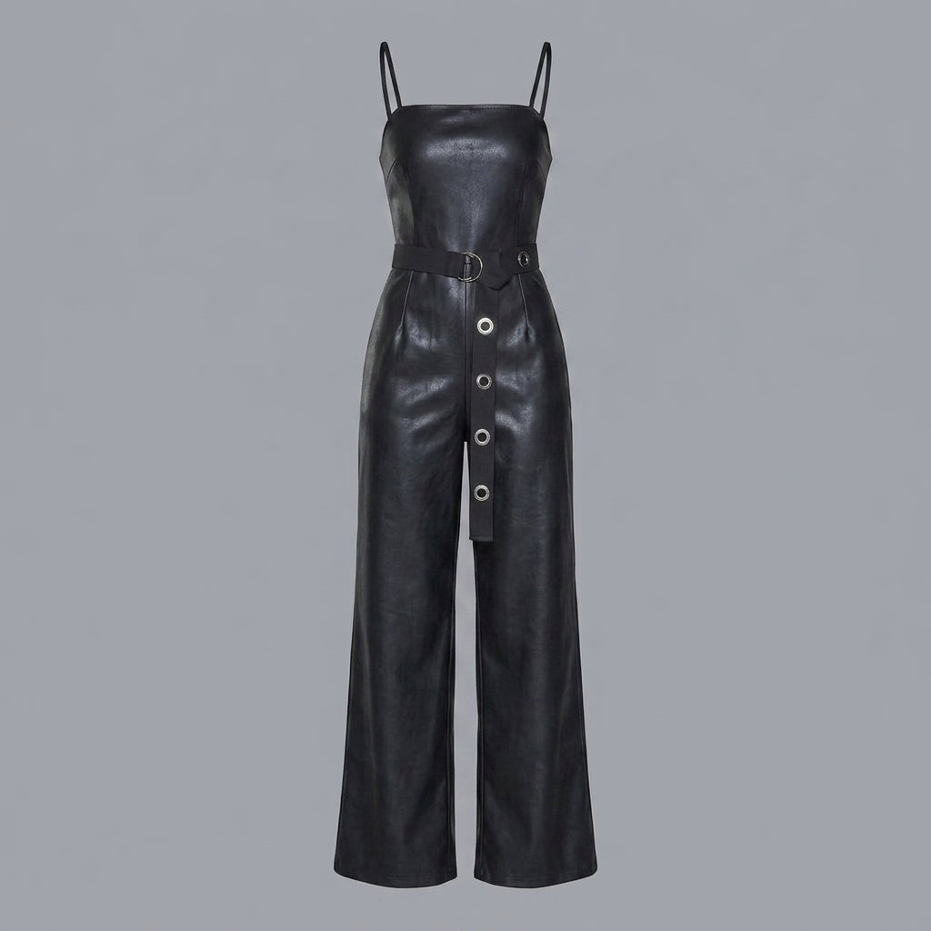 Black Belted Leather Romper for Women