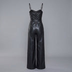 Black Belted Leather Romper for Women