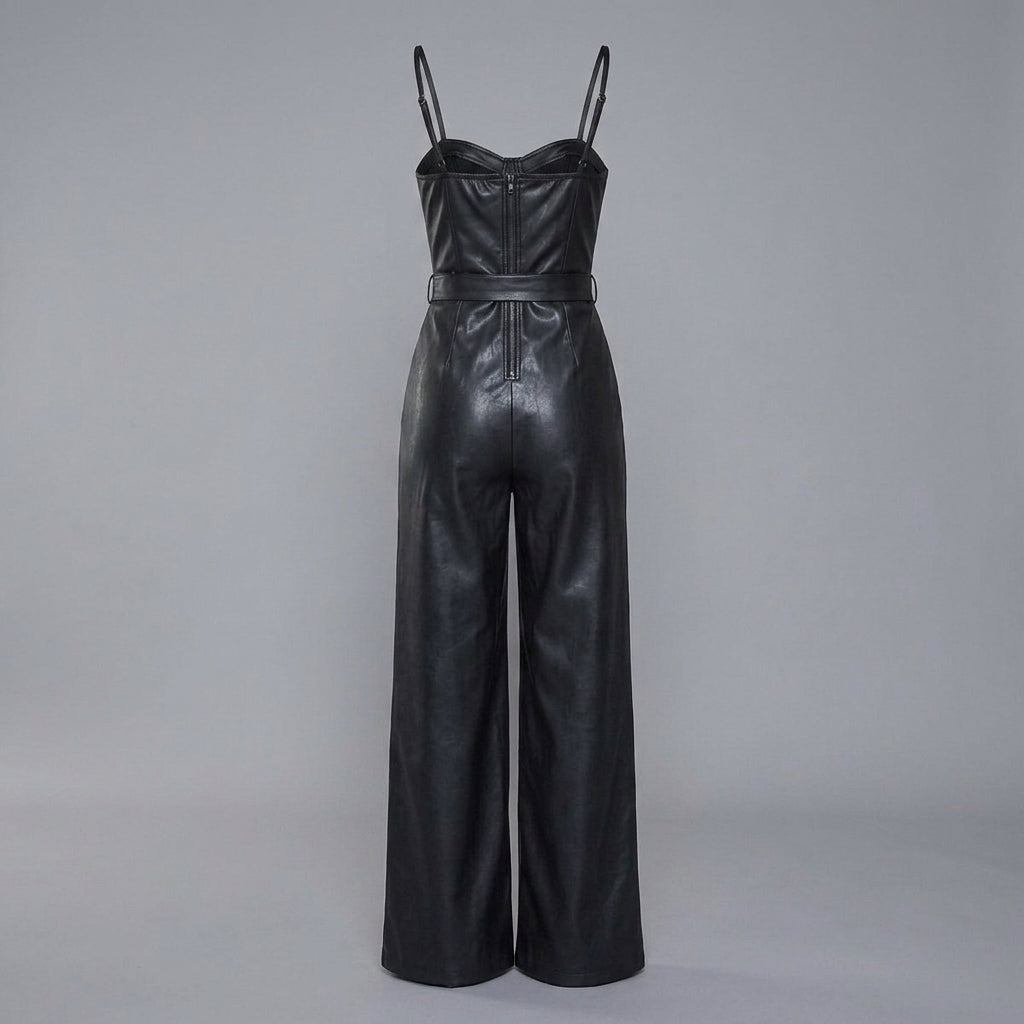 Black Belted Leather Romper for Women