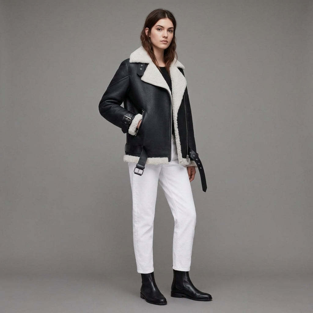 Belted Black Shearling Jacket