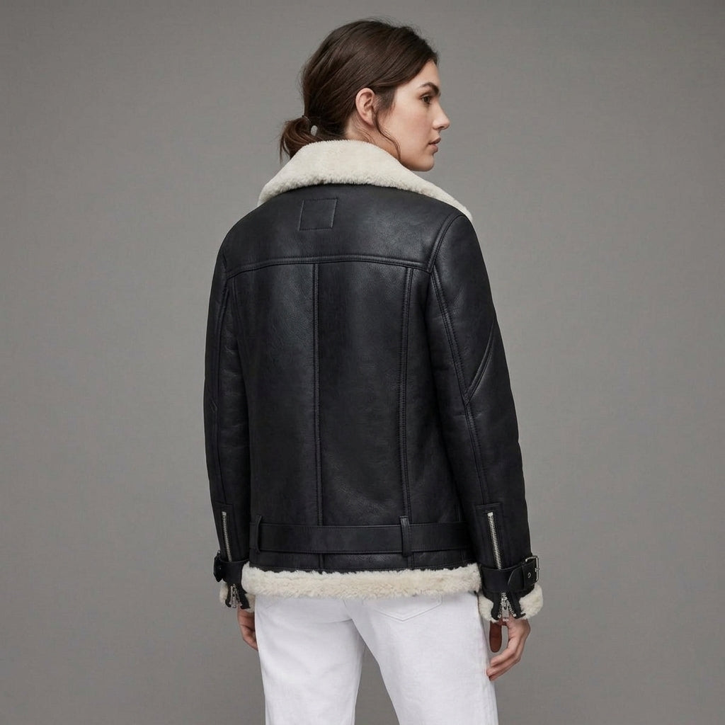 Belted Black Shearling Jacket