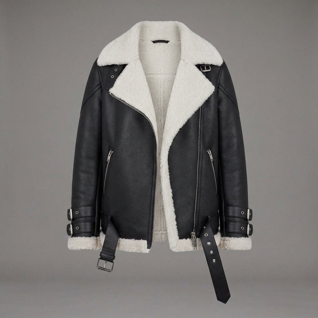 Belted Black Shearling Jacket