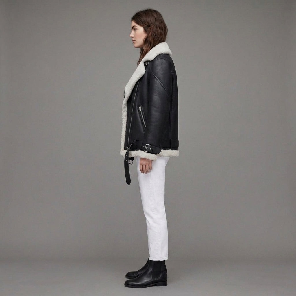 Belted Black Shearling Jacket