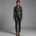 Women's Black Collar-Neck Leather Jumpsuit