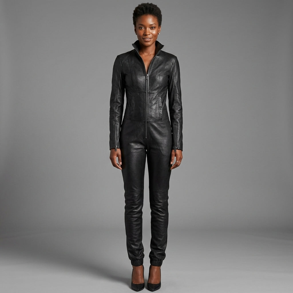 Women's Black Collar-Neck Leather Jumpsuit
