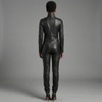 Women's Black Collar-Neck Leather Jumpsuit