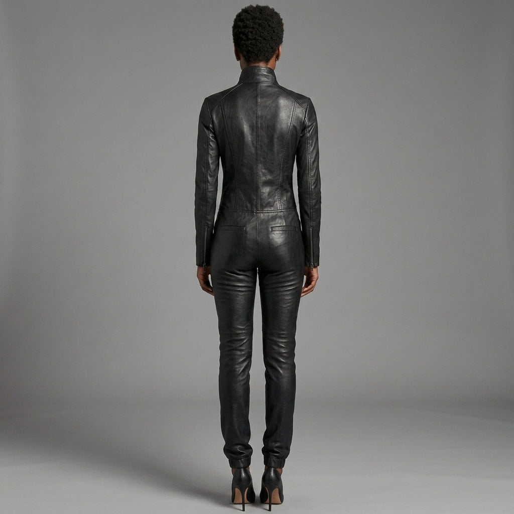 Women's Black Collar-Neck Leather Jumpsuit