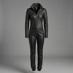 Women's Black Collar-Neck Leather Jumpsuit