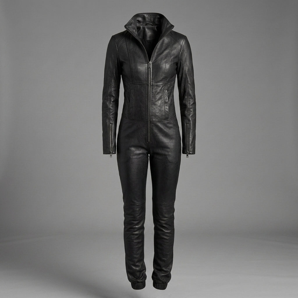 Women's Black Collar-Neck Leather Jumpsuit