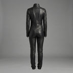 Women's Black Collar-Neck Leather Jumpsuit