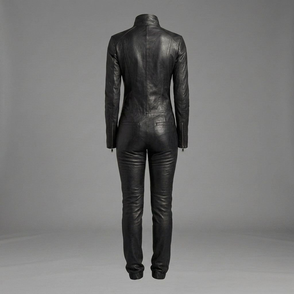 Women's Black Collar-Neck Leather Jumpsuit