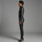 Women's Black Collar-Neck Leather Jumpsuit