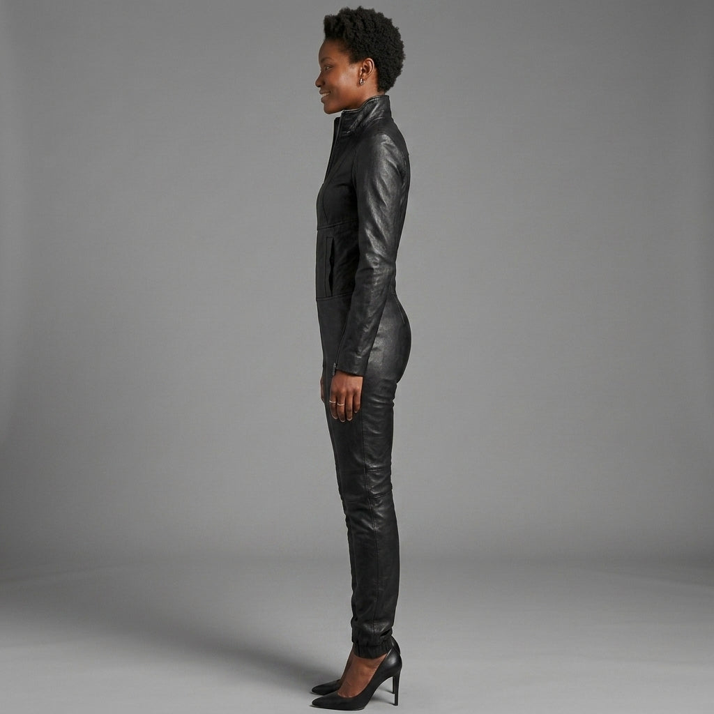 Women's Black Collar-Neck Leather Jumpsuit