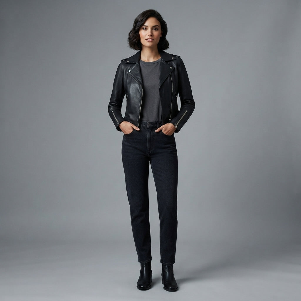 Downtown Black Biker Cropped Leather Jacket