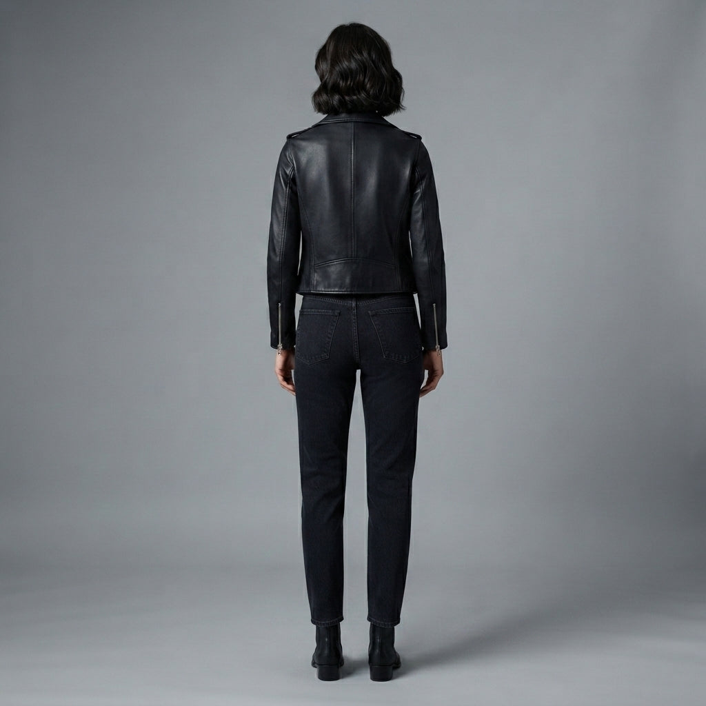 Downtown Black Biker Cropped Leather Jacket