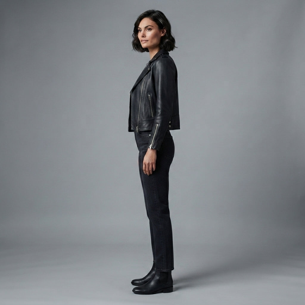 Downtown Black Biker Cropped Leather Jacket