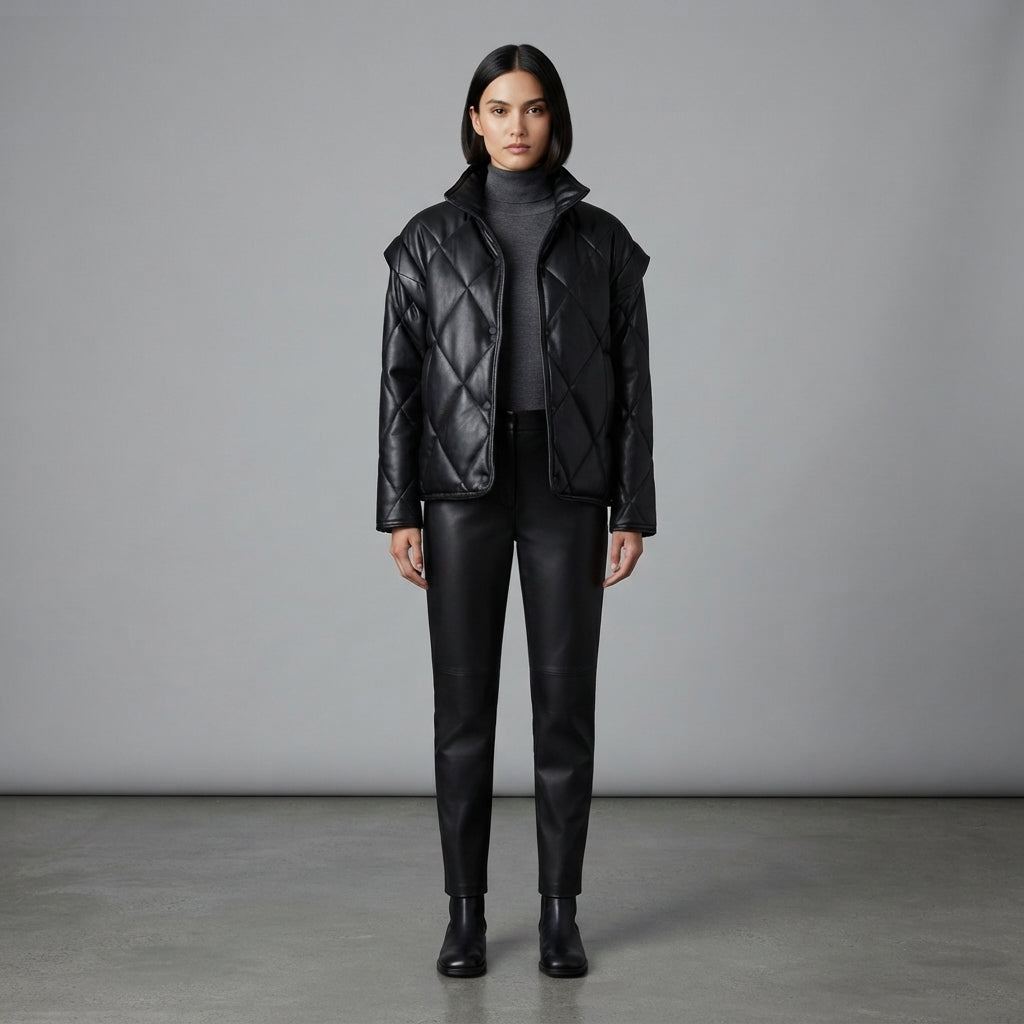 Women's Black Diamond-Quilted Leather Puffer Jacket