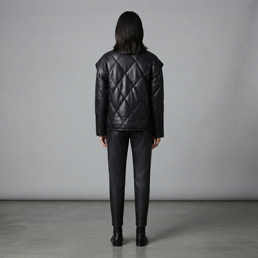 Women's Black Diamond-Quilted Leather Puffer Jacket