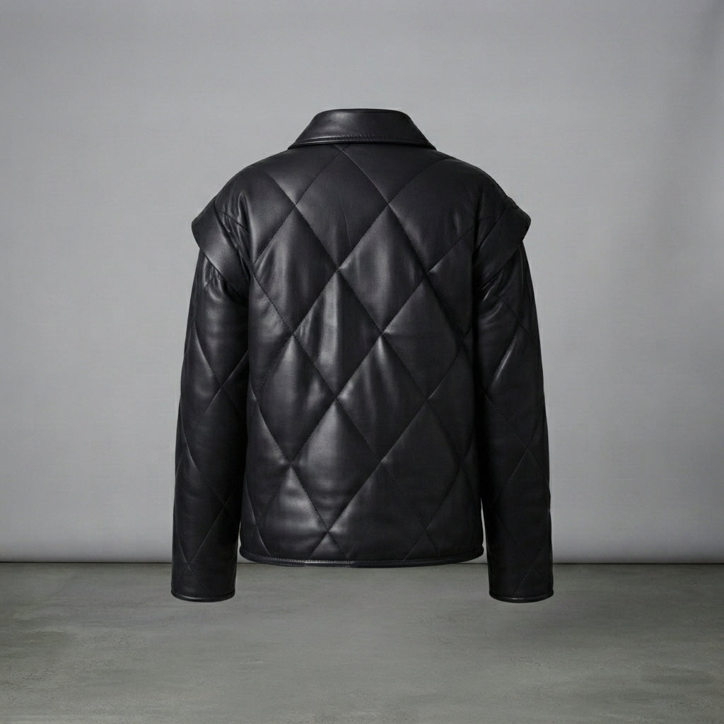 Women's Black Diamond-Quilted Leather Puffer Jacket